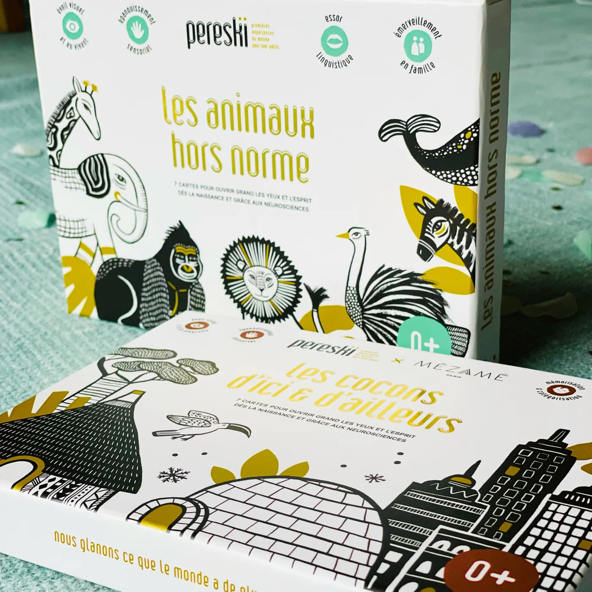 Les deux coffrets Pereski : Les animaux hors norme et Les cocons d'ici et d'ailleurs